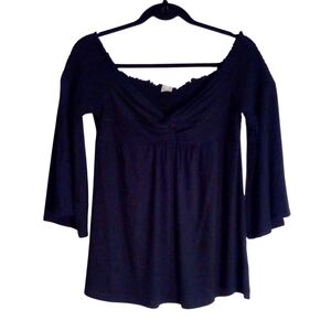 VENUS Black Off The Shoulder Whimsigoth Flirty Peasant Stretch Knotted Top Med